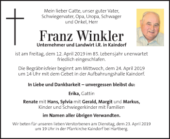 Traueranzeige von Franz Winkler von Kleine Zeitung