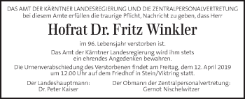 Traueranzeige von Fritz Winkler von Kleine Zeitung