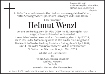 Traueranzeige von Helmut Wenzl von Kleine Zeitung