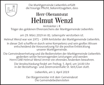Traueranzeige von Helmut Wenzl von Kleine Zeitung