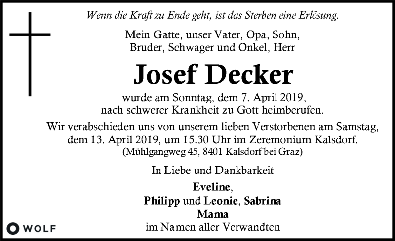  Traueranzeige für Josef Decker vom 10.04.2019 aus Kleine Zeitung