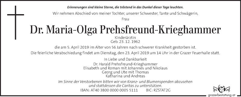  Traueranzeige für Maria-Olga Prehsfreund-Krieghammer vom 14.04.2019 aus Kleine Zeitung