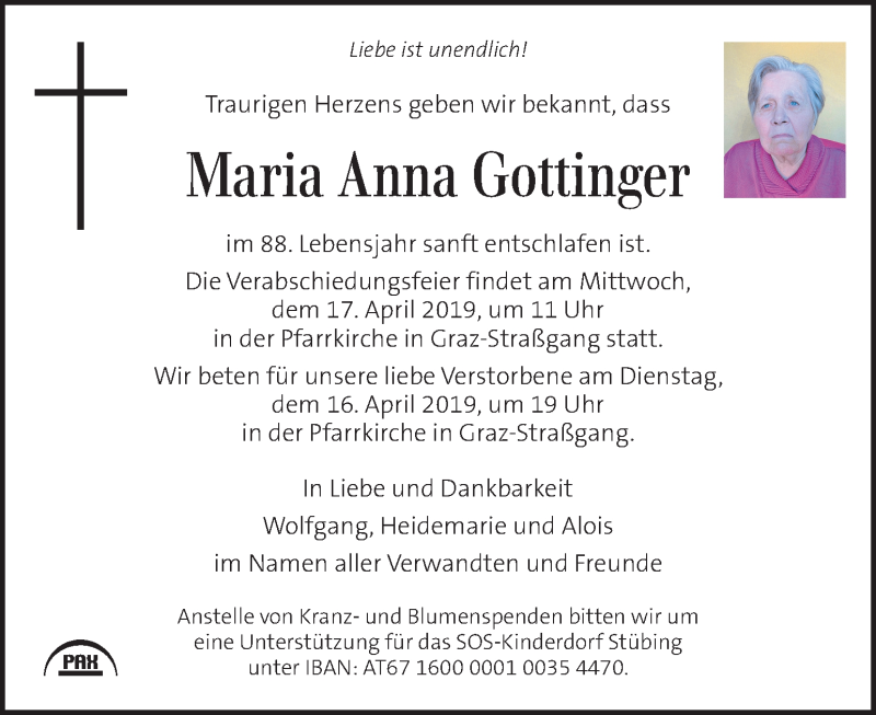  Traueranzeige für Maria Anna Gottinger vom 12.04.2019 aus Kleine Zeitung