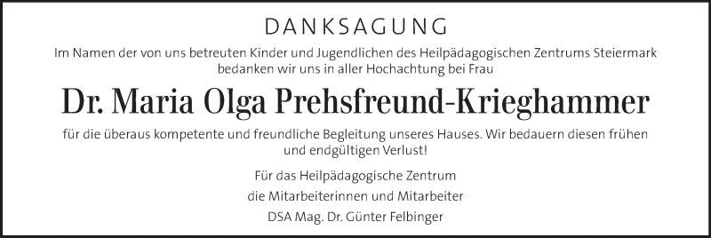  Traueranzeige für Maria Olga Prehsfreund-Krieghammer vom 21.04.2019 aus Kleine Zeitung