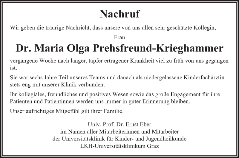  Traueranzeige für Maria Olga Prehsfreund-Krieghammer vom 11.04.2019 aus Kleine Zeitung