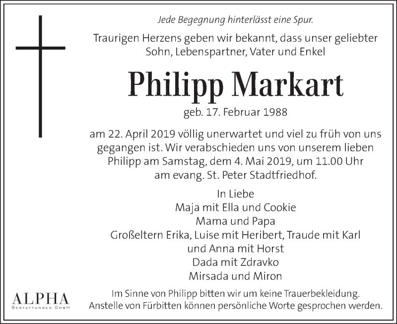  Traueranzeige für Philipp Markart vom 30.04.2019 aus Kleine Zeitung
