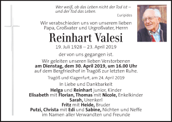 Traueranzeige von Reinhart Valesi von Kleine Zeitung