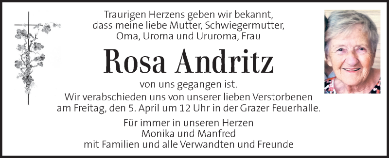  Traueranzeige für Rosa Andritz vom 02.04.2019 aus Kleine Zeitung