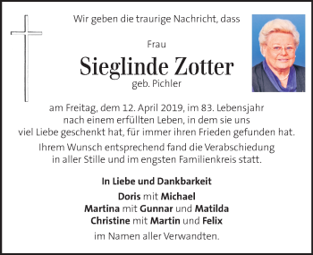 Traueranzeige von Sieglinde Zotter von Kleine Zeitung