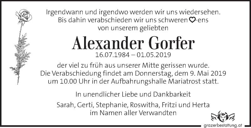  Traueranzeige für Alexander Gorfer vom 05.05.2019 aus Kleine Zeitung