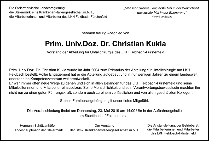  Traueranzeige für Christian Kukla vom 21.05.2019 aus Kleine Zeitung