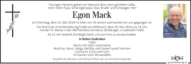  Traueranzeige für Egon Mack vom 26.05.2019 aus Kleine Zeitung