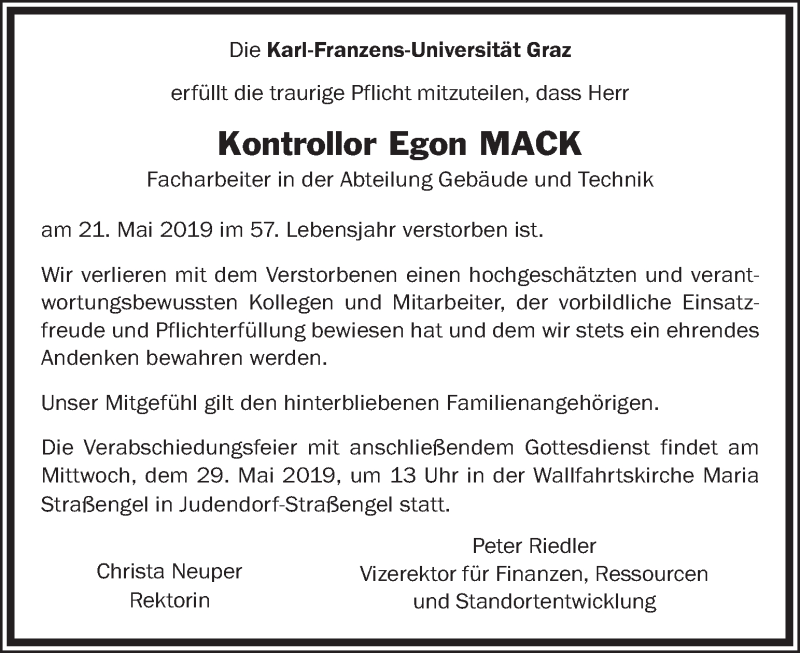  Traueranzeige für Egon Mack vom 28.05.2019 aus Kleine Zeitung