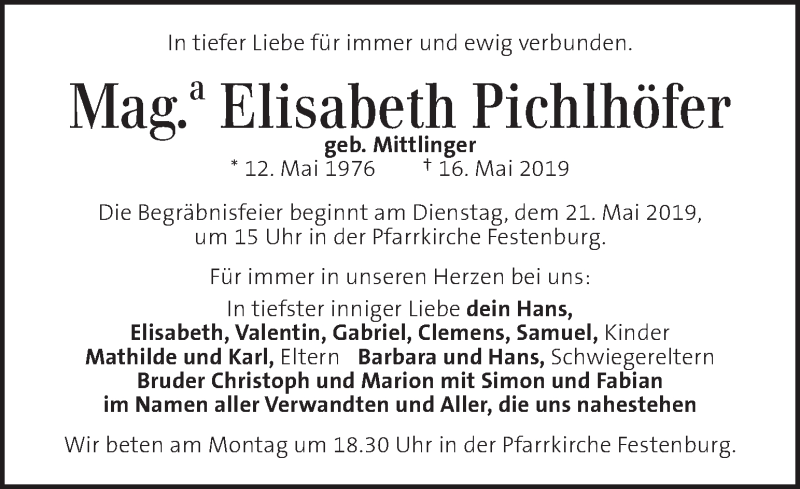  Traueranzeige für Elisabeth Pichlhöfer vom 19.05.2019 aus Kleine Zeitung