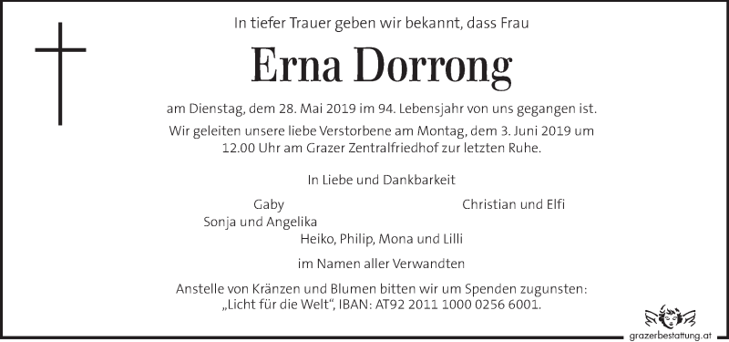  Traueranzeige für Erna Dorrong vom 01.06.2019 aus Kleine Zeitung