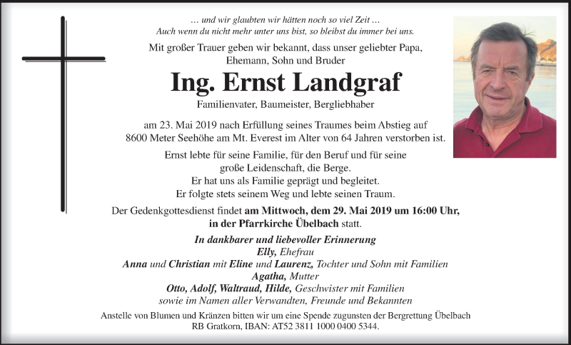  Traueranzeige für Ernst Landgraf vom 26.05.2019 aus Kleine Zeitung