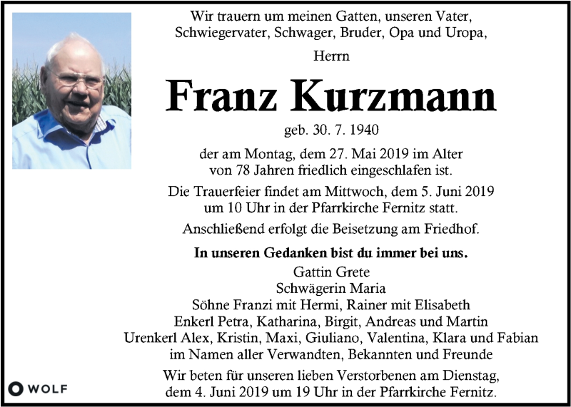  Traueranzeige für Franz Kurzmann vom 01.06.2019 aus Kleine Zeitung