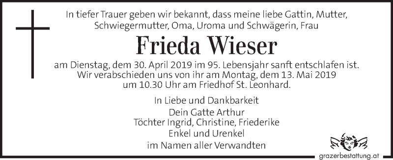  Traueranzeige für Frieda Wieser vom 08.05.2019 aus Kleine Zeitung