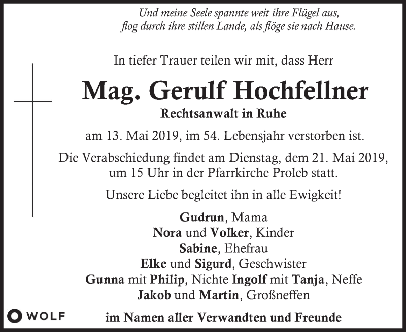  Traueranzeige für Gerulf Hochfellner vom 17.05.2019 aus Kleine Zeitung