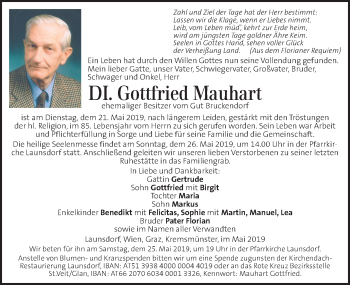 Traueranzeige von Gottfried Mauhart von Kleine Zeitung