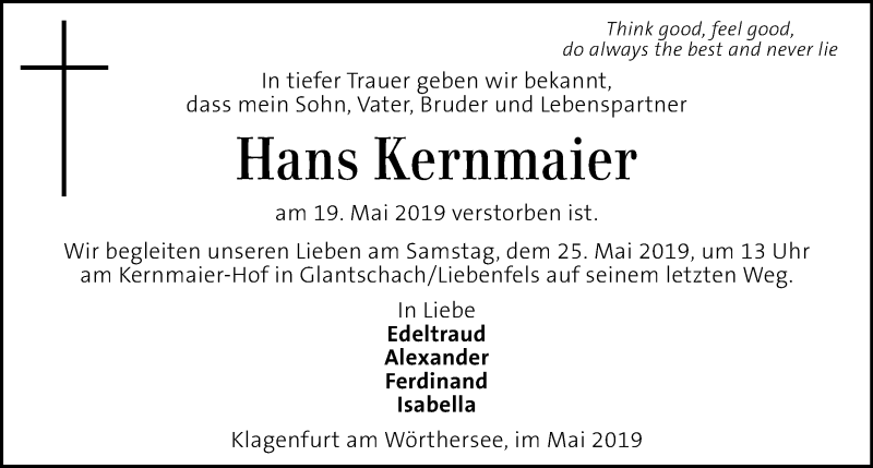  Traueranzeige für Hans Kernmaier vom 23.05.2019 aus Kleine Zeitung