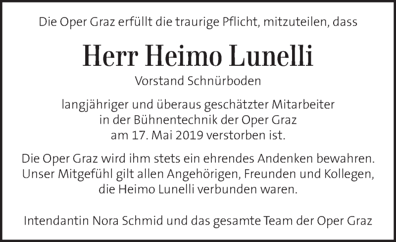  Traueranzeige für Heimo Lunelli vom 22.05.2019 aus Kleine Zeitung