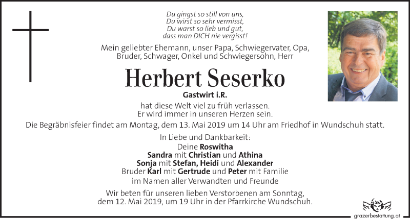  Traueranzeige für Herbert Seserko vom 11.05.2019 aus Kleine Zeitung