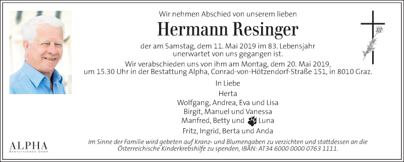  Traueranzeige für Hermann Resinger vom 14.05.2019 aus Kleine Zeitung