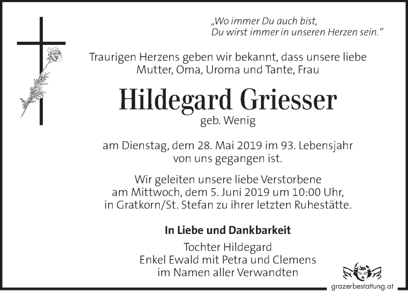  Traueranzeige für Hildegard Griesser vom 01.06.2019 aus Kleine Zeitung
