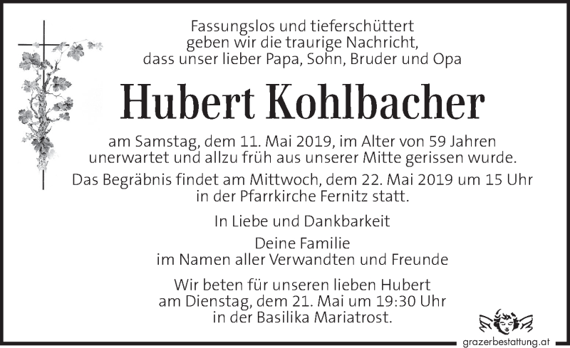  Traueranzeige für Hubert Kohlbacher vom 19.05.2019 aus Kleine Zeitung