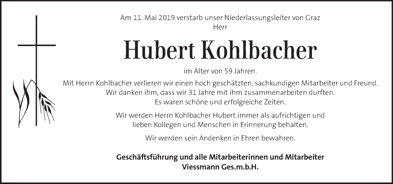  Traueranzeige für Hubert Kohlbacher vom 19.05.2019 aus Kleine Zeitung