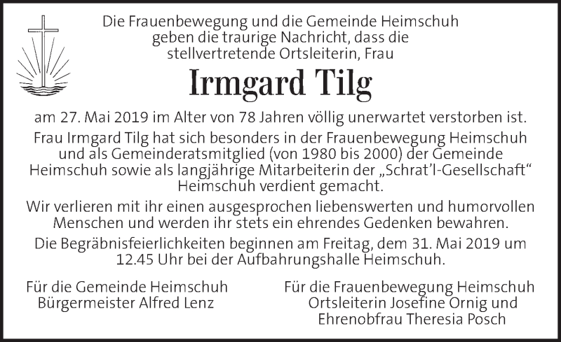  Traueranzeige für Irmgard Tilg vom 30.05.2019 aus Kleine Zeitung