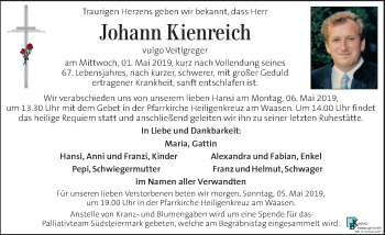 Traueranzeige von Johann Kienreich von Kleine Zeitung