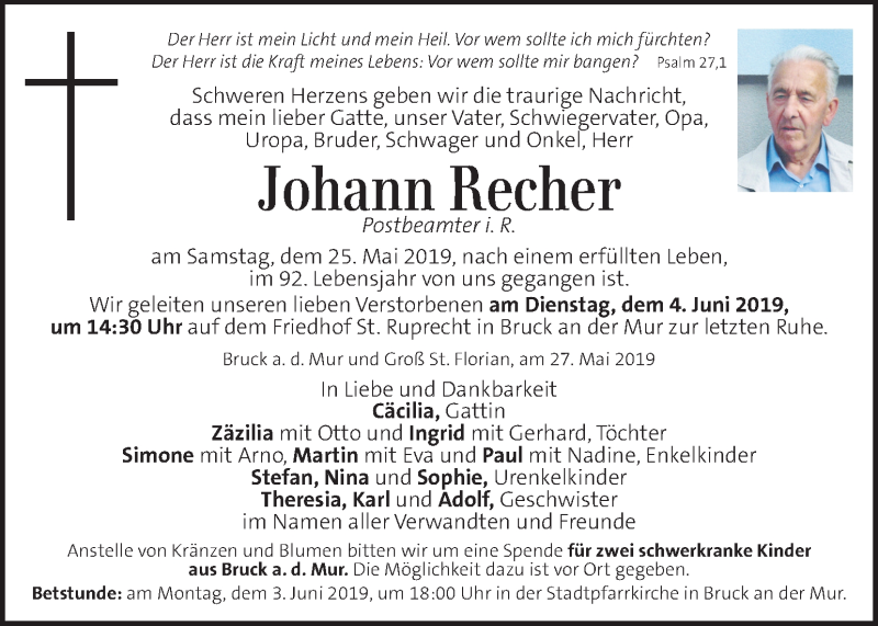  Traueranzeige für Johann Recher vom 30.05.2019 aus Kleine Zeitung