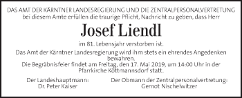 Traueranzeige von Josef Liendl von Kleine Zeitung