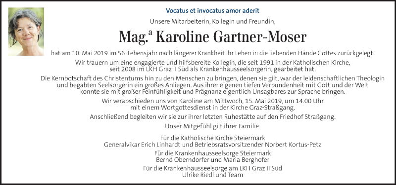  Traueranzeige für Karoline Gartner-Moser vom 15.05.2019 aus Kleine Zeitung