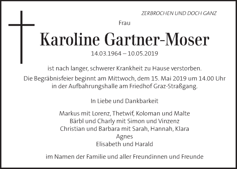  Traueranzeige für Karoline Gartner-Moser vom 14.05.2019 aus Kleine Zeitung