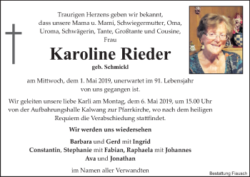 Traueranzeige von Karoline Rieder von Kleine Zeitung