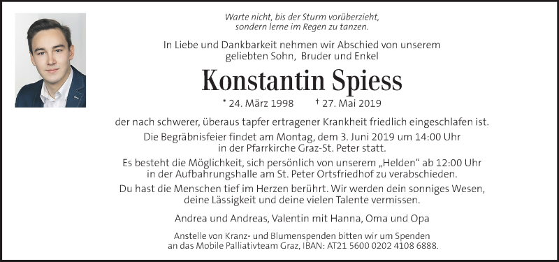  Traueranzeige für Konstantin Spiess vom 30.05.2019 aus Kleine Zeitung