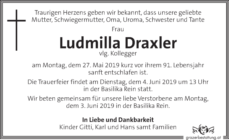  Traueranzeige für Ludmilla Draxler vom 01.06.2019 aus Kleine Zeitung