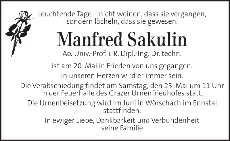  Traueranzeige für Manfred Sakulin vom 23.05.2019 aus Kleine Zeitung