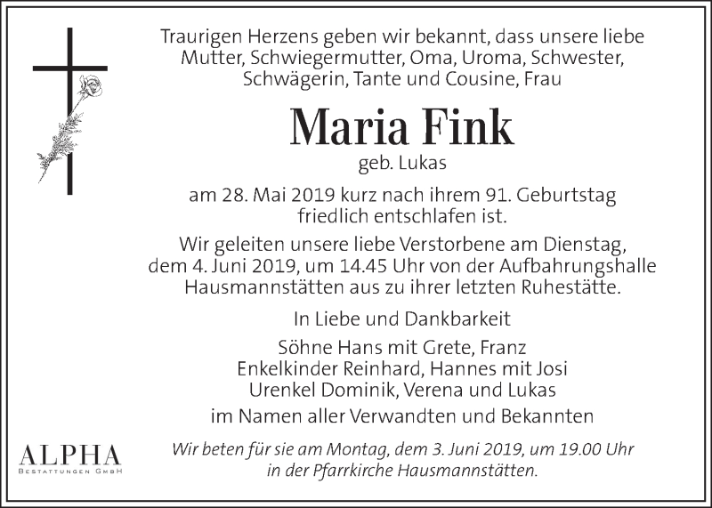  Traueranzeige für Maria Fink vom 01.06.2019 aus Kleine Zeitung