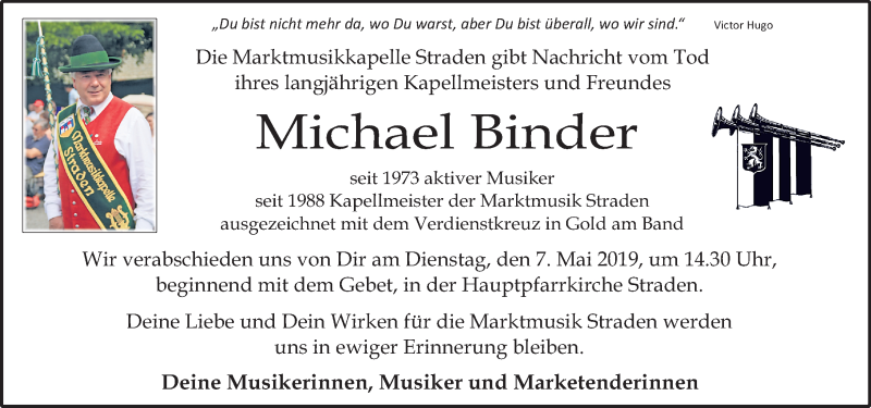  Traueranzeige für Michael Binder vom 05.05.2019 aus Kleine Zeitung