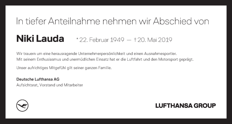  Traueranzeige für Niki Lauda vom 24.05.2019 aus Kleine Zeitung