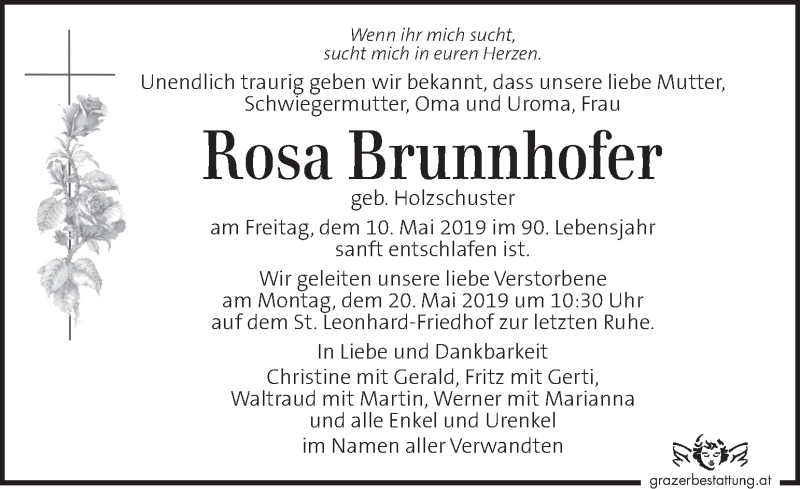  Traueranzeige für Rosa Brunnhofer vom 16.05.2019 aus Kleine Zeitung