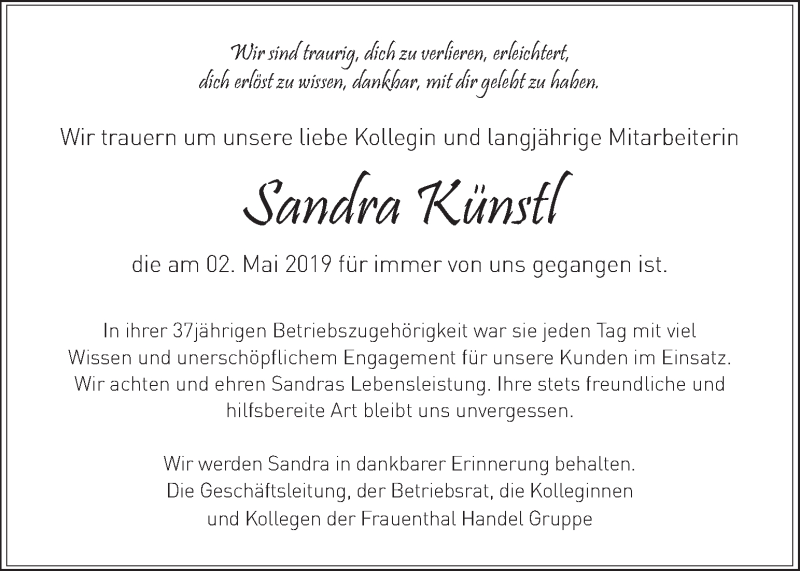  Traueranzeige für Sandra Künstl vom 11.05.2019 aus Kleine Zeitung