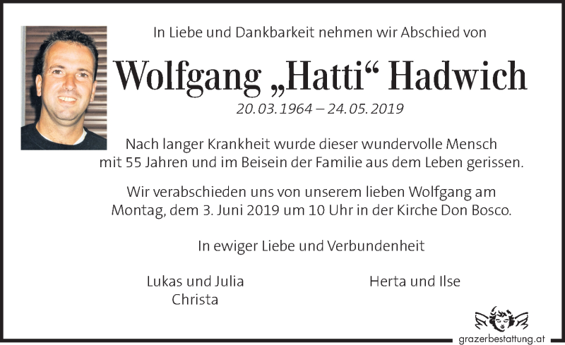  Traueranzeige für Wolfgang  Hadwich vom 30.05.2019 aus Kleine Zeitung