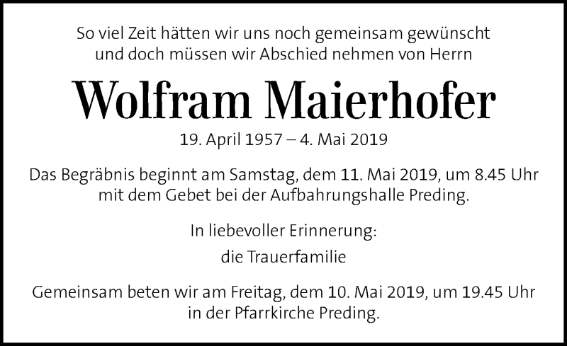  Traueranzeige für Wolfram Maierhofer vom 08.05.2019 aus Kleine Zeitung