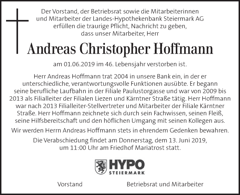  Traueranzeige für Andreas Christopher Hoffmann vom 12.06.2019 aus Kleine Zeitung