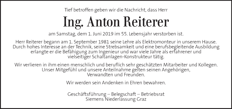  Traueranzeige für Anton Reiterer vom 06.06.2019 aus Kleine Zeitung